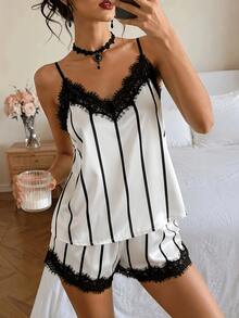 Women's 2-Piece Vertical Striped Satin Pajama Set, Contrast Lace Trim Adjustable Strap Camisole Top + Elastic Waist Shorts - White - View 2