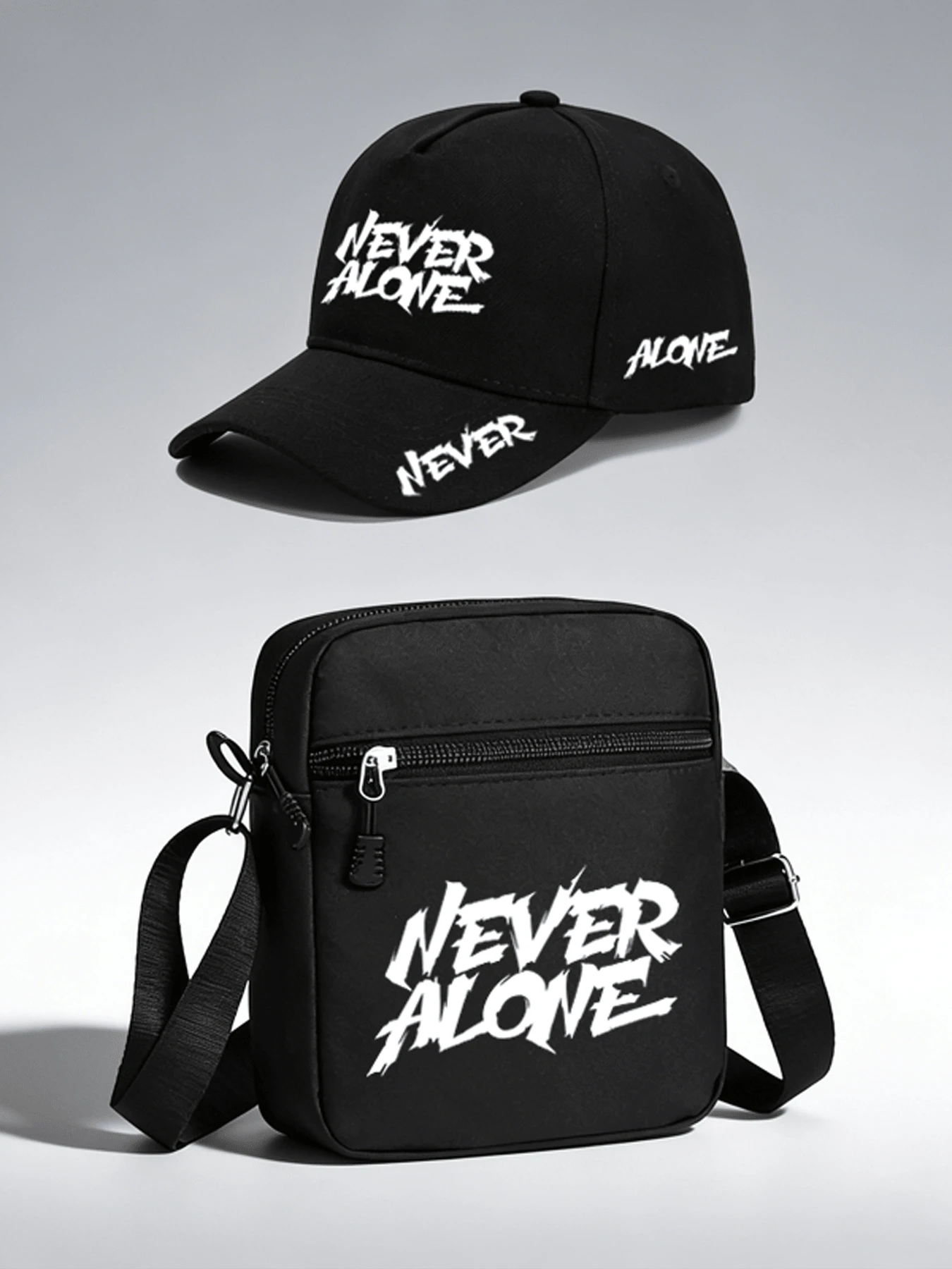 1件/2件裝「Never Alone」標語字母圖案印花中性彎帽簷棒球帽與斜跨包,街頭時尚戶外運動棒球帽與包,可調節,送給自己或朋友的禮物 - 彩色 - 查看 1