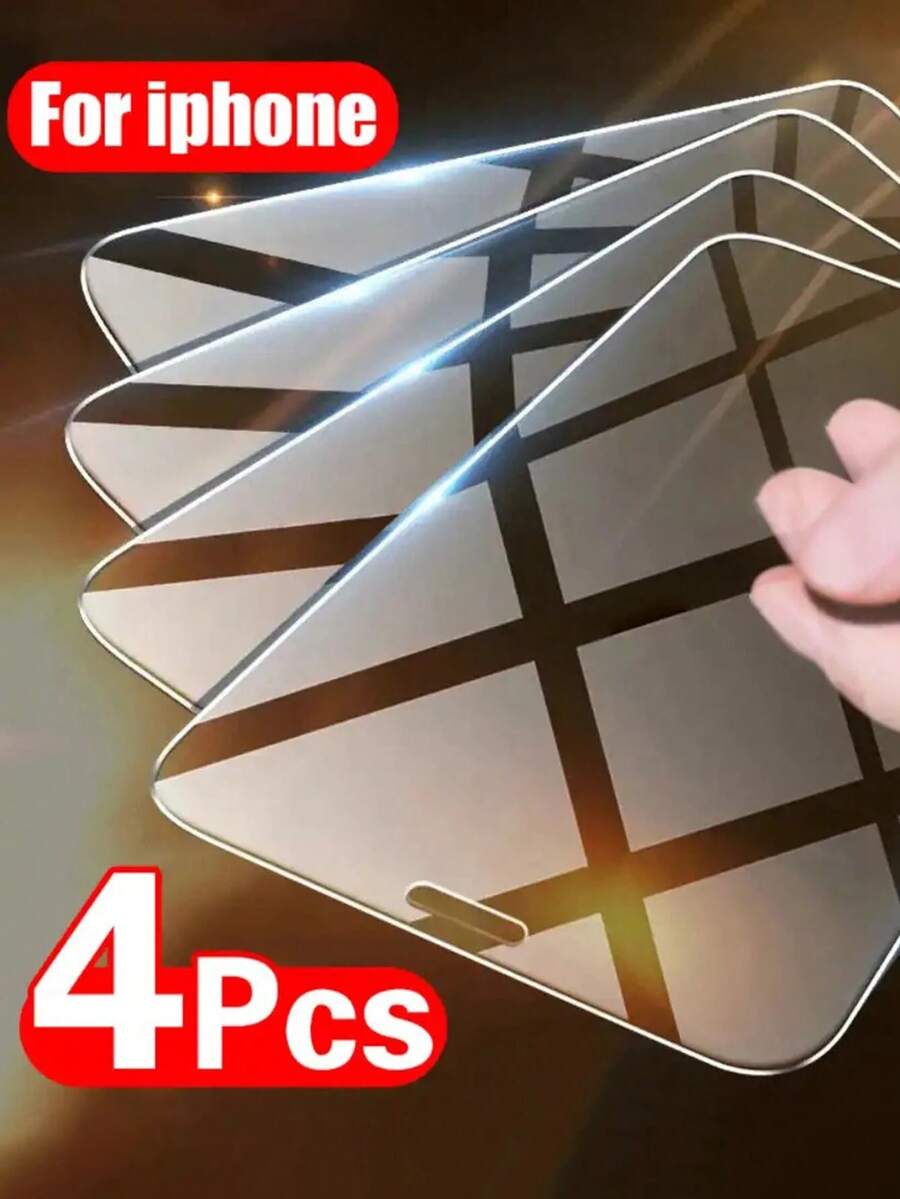 4pcs Tempered Glass Screen Protector, Compatible With IPhone XR/XS MAX/6/7/8/11/12/13/14/15 Pro Max/16 Pro Max/16 Plus/16e/17Air/17/Mini/Plus/SE, Phone Accessories Waterproof Shockproof Anti-Fall Anti-Fingerprint Full Cover - Clear - View 1