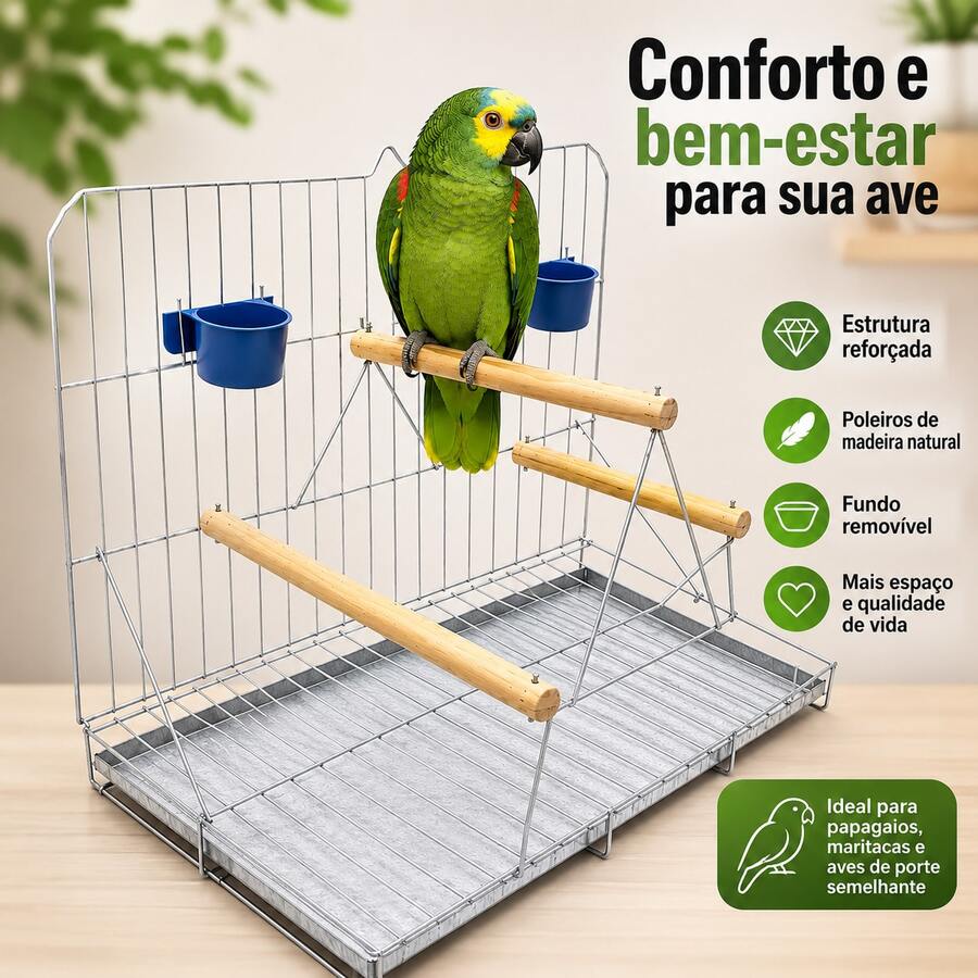 Poleiro Triplo Dobrável Prata Para Papagaio Calopsita Gaiola Viveiro Aves com 2 Comedouros - Tamanho Único - Visão 1