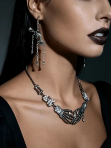 3pcs Halloween Dark Gothic Punk Skull Earrings & Necklace Set, Includes Skull Dangle Earrings And Skull Palm Spliced Necklace, Suitable For Halloween Party, Rock Music Festival And Subculture Themed Looks, Wearing The Set Enhances Visual Impact, Eye-Catching Accessories, Perfect Gift For Gothic Lovers (Necklace Color Is Gunmetal Black) - Multicolor 3 - View 2