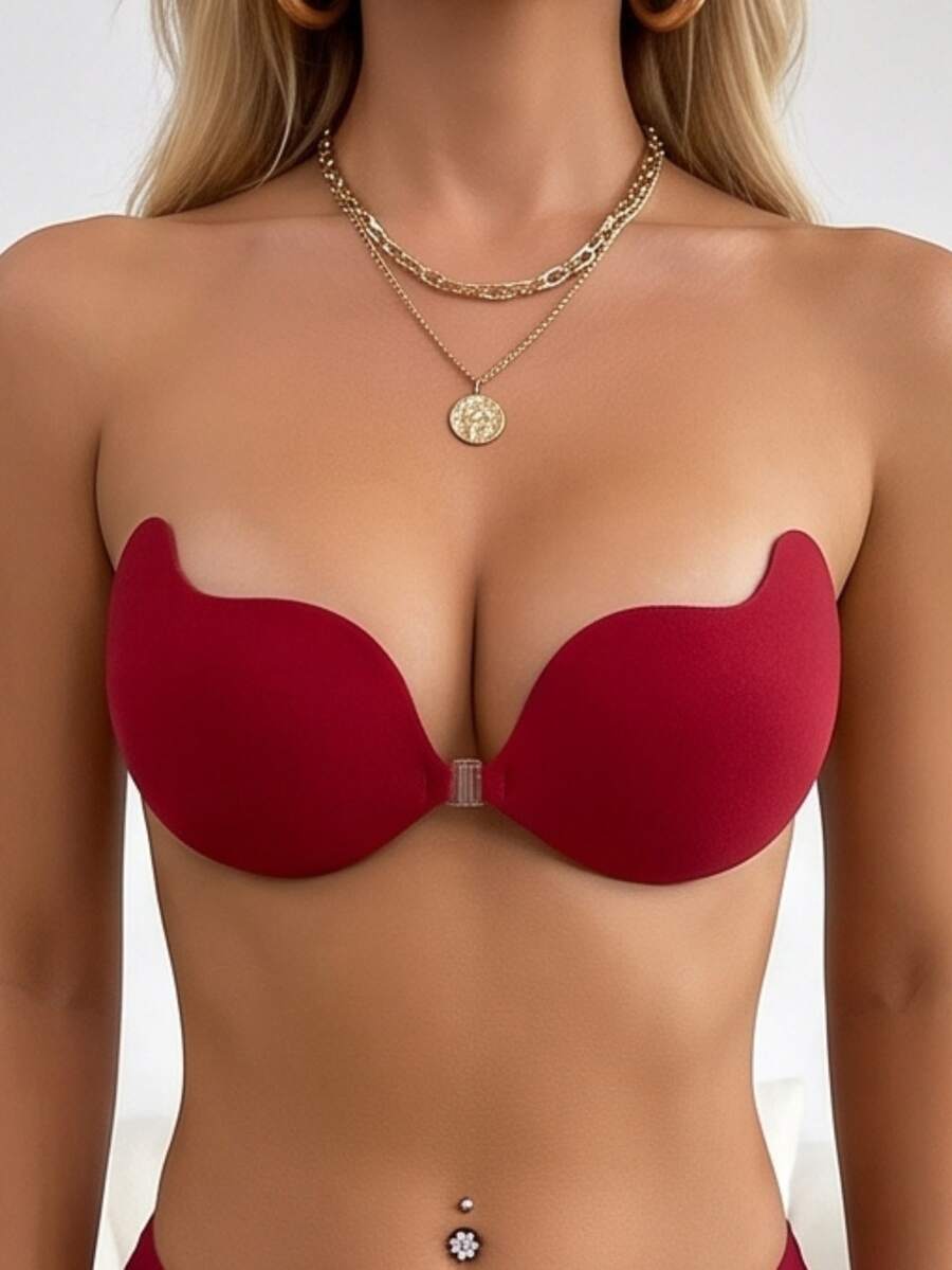 Bra Push-Up Tempel Bentuk Mangga, Bra Perekat Tanpa Tali Tak Terlihat dengan Gesper Depan untuk Pakaian Tanpa Punggung - Merah - View 1