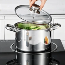 1 Pc Stainless Steel Double‑Handle Deep Stock Pot, 0.6L‑10.2L, With Glass Lid, Composite Multi‑Layer Thickened Pot Bottom, Compatible With Gas And Induction Cooker, Suitable For Cooking Soup And Stewing All Kinds Of Ingredients In Household Kitchen - View 5
