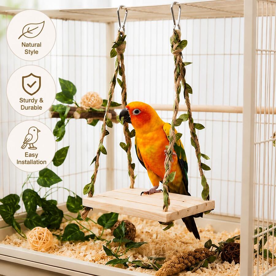 1pc Wooden Bird Swing Perch With Leaf Decoration, Hanging Platform Toy For Parrots, Small Parrots And Small Birds, Woven Rope Interactive Swing, Smooth Wooden Seat, Bird Cage Accessory, Suitable For Daily Play And Rest, Colorful Pet Bird Entertainment Supplies - View 1