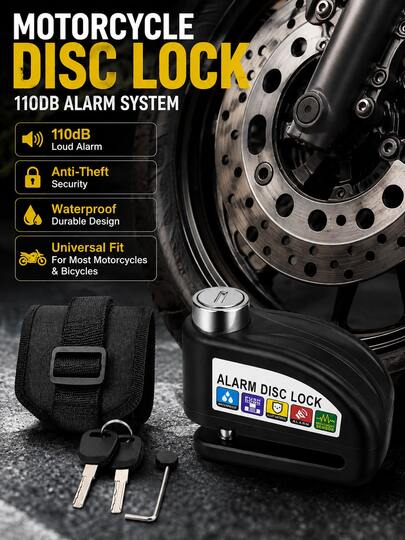 Portable Motorcycle Disc Brake Lock With Alarm, 110dB Vibration Alert Lock, Suitable For Bicycle Electric Scooter, Compact Outdoor Cycling Safety Accessory With Steel Cable, Motorcycle Accessories Men's Gift