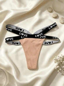 6pcs Women's T-Back Thong Panties, LOVE Letter Heart Print Cross Elastic Band Underwear Multi-Pack - Multicolor - View 4