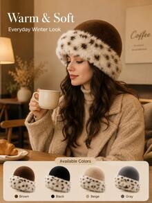 Fashionable Fluffy Faux Fur Headwear: Warm And Comfortable Winter Accessory. Featuring A Thick And Warm Open-Top Design, Suitable For Shopping, Skiing Or Traveling; Snow Leopard Print, Perfect Gift For Skiers. - Multicolor - View 4