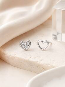 GLIMMER GI 1 Pair S925 Sterling Silver Hypoallergenic Asymmetric Heart Cubic Zirconia Stud Earrings, Elegant Versatile Premium New Style, Suitable For Daily Wear/Vacation/Valentine's Day/Birthday Gift, Women's Earrings, 925 Silver Jewelry, Gift Box - Silver - View 3