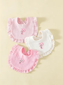 3pcs Soft Comfortable Pure Cotton Crepe 26 Letter Embroidered Ruffle Edge Cute Baby Bibs, Princess Style Lace Design, Suitable For All Seasons, Baby Feeding Drool Bibs - Multicolor - View 25