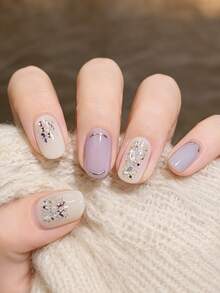 1 Sheet Unique, Minimalist Full-Coverage Nail Stickers. Featuring A Solid-Color Design In Apricot And Light Purple, Accented With Various Rhinestones, These Stickers Are The Perfect Choice For Women And Girls To Decorate Their Nails. - Apricot - View 3