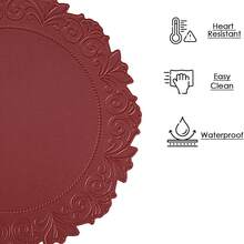 2/4/6pcs 15 Inch Deep Burgundy Thickened Vintage Lace Faux Leather Placemats, 3.94 Inch Coasters, Western Restaurant Hotel Decor Washable Round Heat-Resistant Insulated Mats - Burgundy - View 6