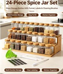 24‑Pcs Square Glass Spice Jar Set,120ml Seasoning Condiment Canisters With Bamboo Lids, Multi‑Use Storage Bottles With Funnel, Label Stickers, Cleaning Brushes & Marker, Kitchen Organizer For Spices, Herbs, Coffee & Dry Food - 24pcs With Free Stickers, Funnel, Brush, and Marker - View 2