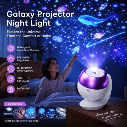Galaxy Starry Night Light Projector, 2026 New 2-In-1 Portable, Includes 24 Projection Slides, 360° Adjustable Brightness Control LED Night Light
