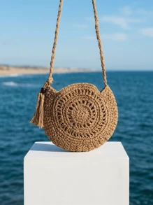 CAJUNI Minimalist Tassel Decor Straw Bag Tassel Decor Straw Bag, Hollow Out Design Crossbody Bag - Khaki - View 4