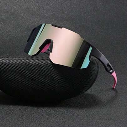 1 Pair Men's Pink Mechanical Mask Shaped Multi-Material Colorblock Futuristic Fashion Glasses Suitable For Outdoor Cycling, Box + Cleaning Cloth
