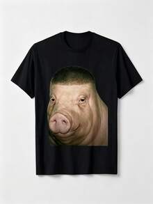 Lustiges Schweinekopf-Meme-Motiv, lockerer Baumwoll-Schnitt, kurze Ärmel, Streetstyle-Look, Country-Konzert, Sommer, Damenbekleidung - Schwarz - Übersicht 1