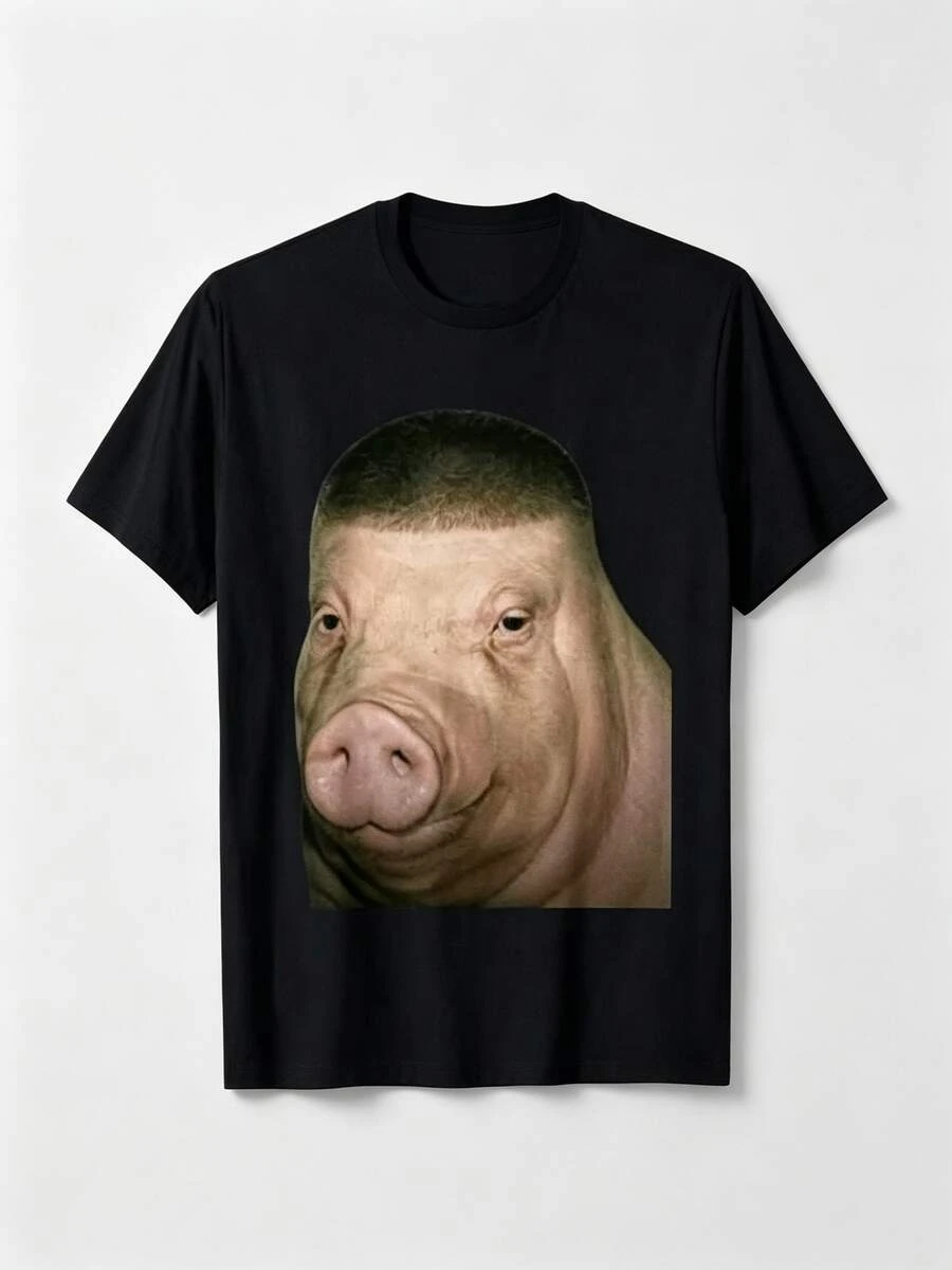 Lustiges Schweinekopf-Meme-Motiv, lockerer Baumwoll-Schnitt, kurze Ärmel, Streetstyle-Look, Country-Konzert, Sommer, Damenbekleidung - Schwarz - Übersicht 1