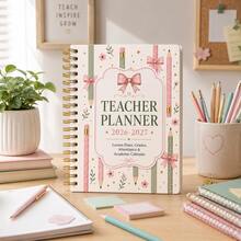 2026-2027 Teacher Planner Spiral Notebook, Gentle Pink Bow Pencil Floral Cover, Lesson Plan & Teaching Record Book, Grade Tracking, Attendance Statistics, School Calendar Schedule Multi-Function Teacher Planner, Gold Double Spiral Binding, Fresh Artistic Style Teaching Plan Notebook, Teacher Daily Lesson Planning & Schedule Organizer, Creative Stationery Gift For Teacher's Day - Style 1 - View 3