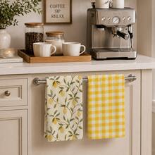 2pcs Lemon Plant Pattern Kitchen Towel Set, Fresh Country Style Rectangular Towels, Single-Sided Printed Design With Yellow Lemon And Green Leaf Pattern, Paired With Bright Yellow Plaid Elements, Suitable For Kitchen Oven Hanging, Dish Washing, Daily Home Decor, All Seasons And Holiday Celebration Scenes - Multicolor - View 2