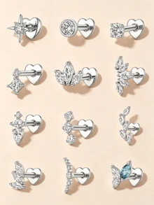 1pc 925 Sterling Silver Heart Flat Back Stud Earring, Press-In Screwless Flat Back Earring, Tragedy Earring, Flat Back Earring, Spiral Earring, Cartilage Earring - Silver - View 1
