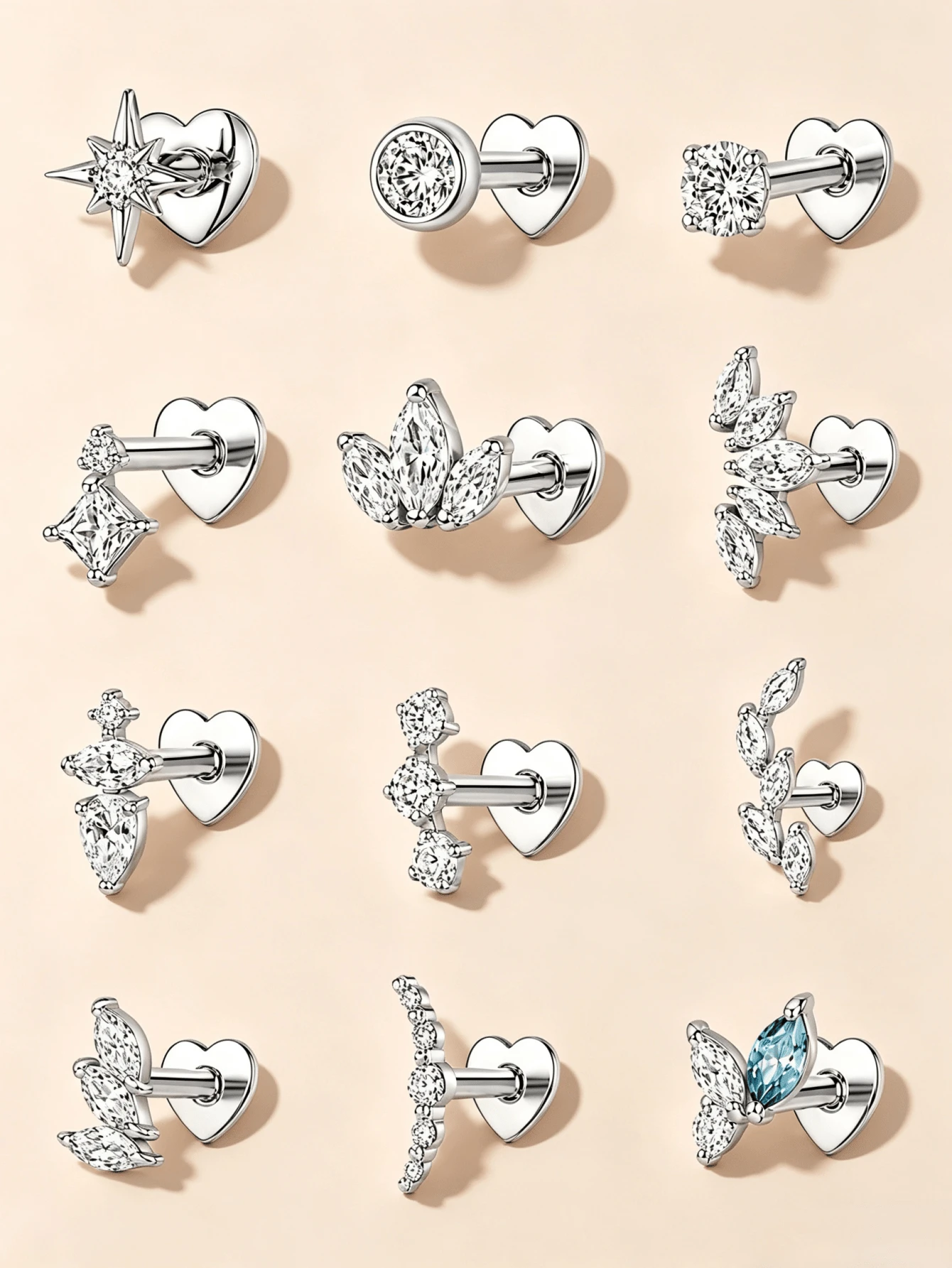 1pc 925 Sterling Silver Heart Flat Back Stud Earring, Press-In Screwless Flat Back Earring, Tragedy Earring, Flat Back Earring, Spiral Earring, Cartilage Earring - Silver - View 1