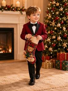 Christmas Young Boy Suit Formal Outfit Kids Set Piano Performance Wedding Ring Bearer Outfit 3-Piece Set Jacket + Pants + Bow Tie - Red - View 2