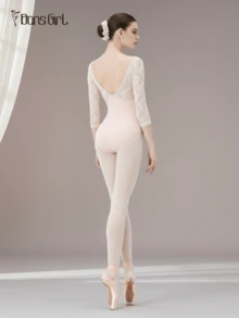 DonsGirl 1pc Women's 3/4 Sleeve Lace Patchwork Ballet Leotard, Elegant Sports Gymnastics Training And Performance Dance Outfit Fall - Baby Pink - View 7