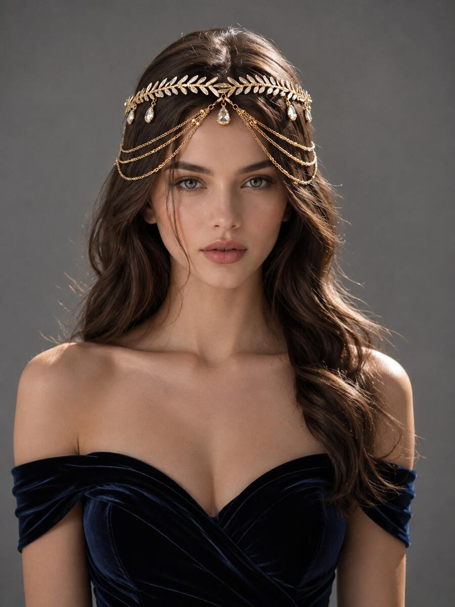 Grecian Gold Leaf Crystal Head Chain With Tassels, Boho Bridal Forehead Headpiece For Wedding - Gold - View 1