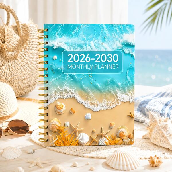 2026-2030 Five-Year Monthly Planner Coil Notebook, Beach Wave Shell Starfish Creative Cover Schedule Book, Gold Double Coil Binding, Long-Term Goal Management Notebook, Student Learning Plan Book, Workplace Annual Planning Planner, Daily Schedule Memo, Ocean Style Stationery, Long-Term Habit Tracking Record Book