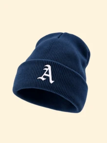 1pc Unisex Outdoor Warm Solid Color Ribbed Knitted Beanie Hat With Gothic A‑Z Letter Print,Edgy Cozy Versatile Fall Winter Headwear For Concert Events - Navy Blue - View 29