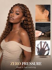 ARABELLA 13x6 Lace Front Wig Dark Brown With Highlight Water Wave Glueless Wigs With Drawstring 100% Human Hair Pre Cut Lace Beginner Friendly 200% Density 18-30 Inch Natural Looking Beginner Friendly - S4 - View 6