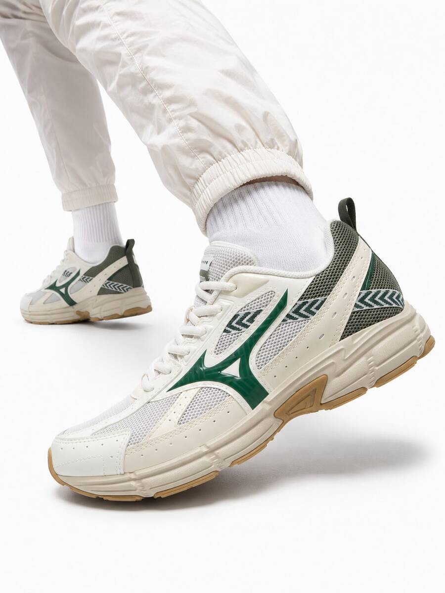 Mizuno 新款 SPEED復古厚底運動鞋,輕量透氣、吸震跑鞋,男女通用 - 米白色/綠色 - 查看 1
