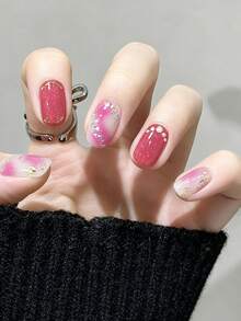 1 Sheet Full-Coverage Nail Stickers In A Sweet-And-Edgy Style-A Summer Must-Have. These Stickers Feature A Solid Coral-Orange Design Along With Purple And Apricot Color Gradients, Accented With Various Rhinestones. They're Easy To Apply And Remove. - Coral Orange - View 3