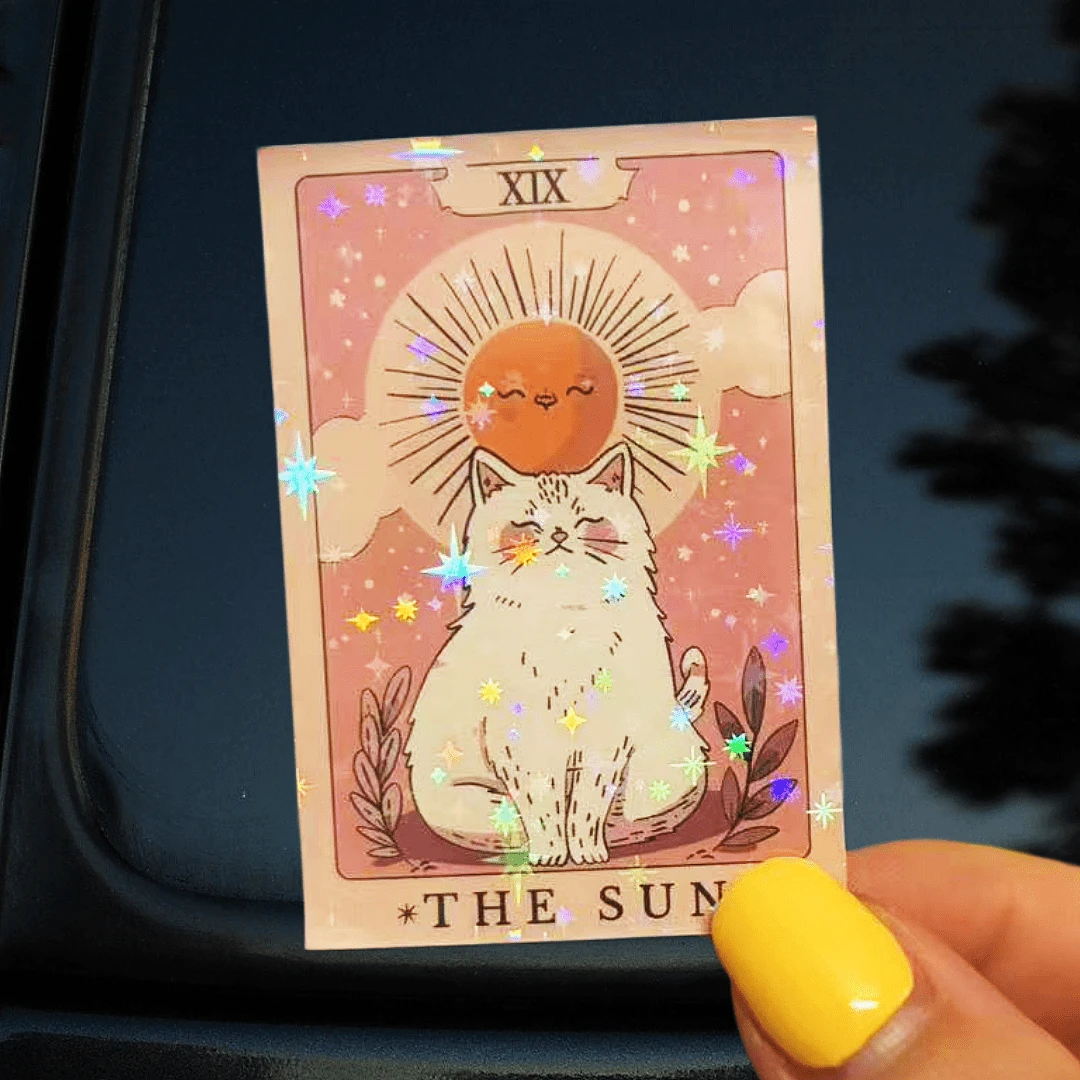 Healing THE SUN White Cat Tarot Card Stickers, Gentle & Cute Planner/Luggage Decoration Stickers, Waterproof Vinyl Stickers - Durable Matte Surface, Self-Adhesive Bumper Stickers, Suitable For Cars, Windows, Laptops, Trucks, Water Bottles - Multi-Functional Durable Design, Car Stickers - Vinyl - View 1