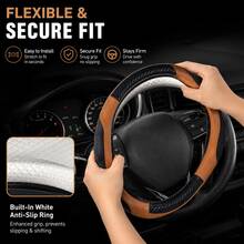 Car Steering Wheel Cover, Carbon Fiber Texture Brown Yellow PU Leather Steering Wheel Protector, Honeycomb Breathable Rubber Anti-Slip Inner Ring, Universal 14.5‑15 Inch Fit Most Cars And SUVs - Multicolor - View 6