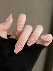 1sheet Sweet And Delicate Full-Coverage Nail Stickers-A Must-Have For A Beach Look. These Stickers Feature A Solid Light Pink Color And A Gradient Design, Accented With Various Rhinestones And Glitter, Making Them Perfect For Women And Girls. - Watermelon Pink - View 3