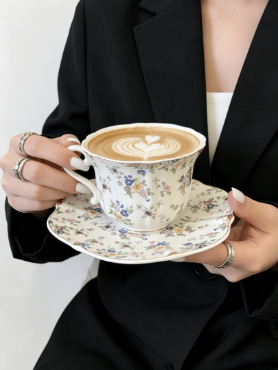 1 Set Floral Gold Rim Ceramic Cup & Saucer Set, French Style Ditsy Floral Gold Rim Coffee Cup & Saucer Set, British Vintage Countryside Floral Afternoon Tea Dessert Cup & Saucer Set, Gentle & Exquisite Breakfast Black Tea Cup & Saucer, Suitable For Restaurant, Living Room, Cafe, Office, Gift, Party
