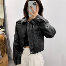 OFTBUY Solid Color Women's Short PU Leather Jacket With Lapel Collar, Zipper And Elastic Hem, Casual Commute Style For Autumn/Winter - Black - View 4