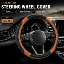Car Steering Wheel Cover, Carbon Fiber Texture Brown Yellow PU Leather Steering Wheel Protector, Honeycomb Breathable Rubber Anti-Slip Inner Ring, Universal 14.5‑15 Inch Fit Most Cars And SUVs - Multicolor - View 3