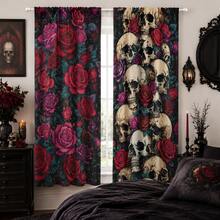 2pcs Gothic Skull And Rose Pattern Semi-Sheer Bedroom Curtains, 90GSM Polyester Semi-Transparent Privacy Protection, Gothic Style Living Room Curtains, Kitchen Curtains, Suitable For Home, Room, Kitchen Partition Or Decoration, Rod Pocket Design Easy Installation, Quick Dry, Washable, Fade-Resistant, Lightweight Removable Curtains - Multicolor - View 1