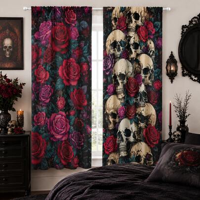 2 pezzi Tende da camera da letto semi-trasparenti con motivo gotico di teschi e rose, 90GSM in poliestere semi-trasparente per protezione della privacy, tende da soggiorno in stile gotico, tende da cucina, adatte per casa, camera, divisorio cucina o decorazione, design con passante per asta per facile installazione, asciugatura rapida, lavabili, resistenti allo sbiadimento, tende leggere e rimovibili