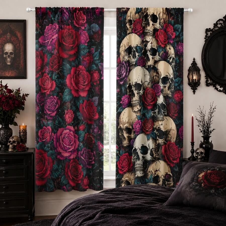 2pcs Gothic Skull And Rose Pattern Semi-Sheer Bedroom Curtains, 90GSM Polyester Semi-Transparent Privacy Protection, Gothic Style Living Room Curtains, Kitchen Curtains, Suitable For Home, Room, Kitchen Partition Or Decoration, Rod Pocket Design Easy Installation, Quick Dry, Washable, Fade-Resistant, Lightweight Removable Curtains - Multicolor - View 1