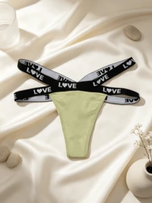 6pcs Women's T-Back Thong Panties, LOVE Letter Heart Print Cross Elastic Band Underwear Multi-Pack - Multicolor - View 3