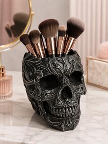 Skull Victorian Gothic Decorative Storage Cylinder | Gothic Bathroom Supplies, Black Desktop Storage Boxes And Accessories | Gothic Halloween Desktop Decoration - 3.35 Inches - A - View 2
