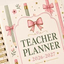 2026-2027 Teacher Planner Spiral Notebook, Gentle Pink Bow Pencil Floral Cover, Lesson Plan & Teaching Record Book, Grade Tracking, Attendance Statistics, School Calendar Schedule Multi-Function Teacher Planner, Gold Double Spiral Binding, Fresh Artistic Style Teaching Plan Notebook, Teacher Daily Lesson Planning & Schedule Organizer, Creative Stationery Gift For Teacher's Day - Style 1 - View 6
