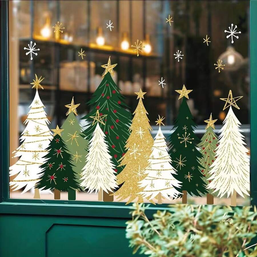 3-Pack Static Cling Window Stickers PVC Christmas Tree And Snowflake Decors - Winter Snowflakes With Christmas Trees, Glossy Finish, Suitable For Doors, Mirrors, Laptops, Tablets - Stick-On, Yellow-Green-Gold Christmas Tree And Snowflakes, Winter Home Window Decoration (No Residue) - Multicolor - View 1