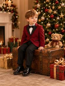 Christmas Young Boy Suit Formal Outfit Kids Set Piano Performance Wedding Ring Bearer Outfit 3-Piece Set Jacket + Pants + Bow Tie - Red - View 5