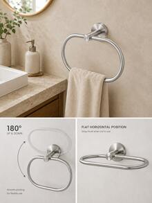 1 Pc Oval Stainless Steel Towel Ring, Screw Mounted Hand Towel Holder With 180° Pivoting Design, Sturdy Strong Support, Waterproof Rust-Resistant Wall Mounted Towel Hanger, Black Silver Gold Options For Bathroom, Vanity, Powder Room, Bathroom Refresh - View 2