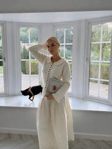 MORI Fall Winter Women Sweaters Casual Y2K Basic White Ruffle Trim Collar Button Front Long Sleeve Slim Fit Knit Cardigan Daily Outfits - White - View 5