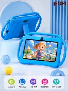 Qetupa 3台7英寸儿童平板电脑，64GB ROM，4GB RAM，Android 13.0，2.4G WiFi，GMS，护眼功能，摄像头，家长控制，预装应用，教育游戏，可充电电池，趣味设计，耐用塑料外壳（不含适配器） - 藍色 - 查看 1